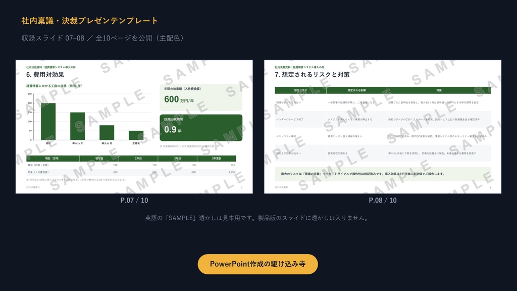 社内稟議・決裁プレゼンテンプレート|決裁が下りる10枚の型×3配色【3案比較・費用対効果入り】