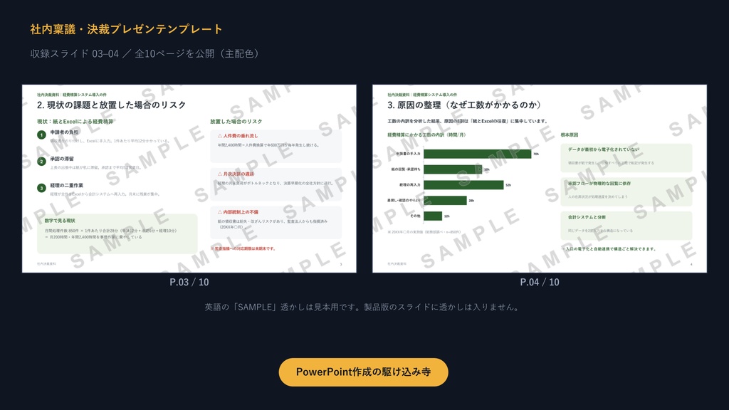 社内稟議・決裁プレゼンテンプレート|決裁が下りる10枚の型×3配色【3案比較・費用対効果入り】