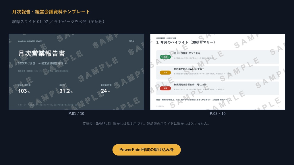 月次報告・経営会議資料テンプレート|毎月使い回せる9枚の型×3配色【KPIダッシュボード入り】