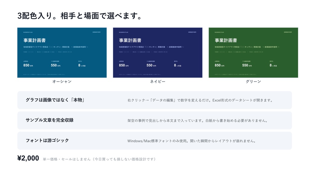 事業計画書テンプレート|創業融資に強い11枚の型×3配色【数値サンプル・悲観シナリオ入り】