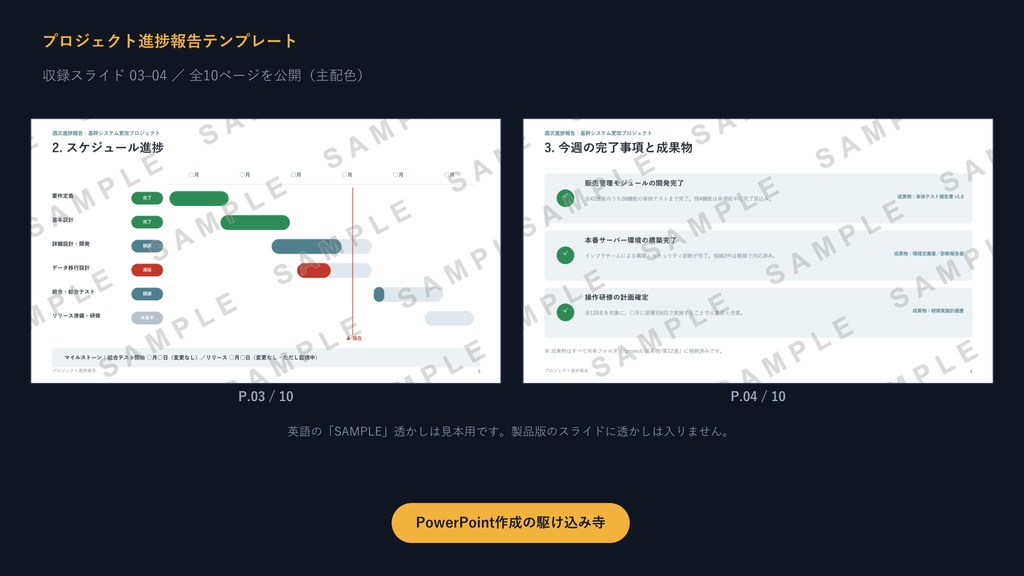 プロジェクト進捗報告テンプレート|炎上させない10枚の型×3配色【ガント・課題管理・信号色】