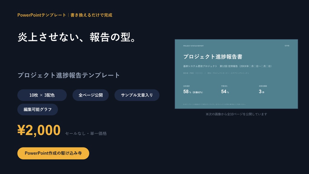 プロジェクト進捗報告テンプレート｜炎上させない10枚の型×3配色【ガント・課題管理・信号色】