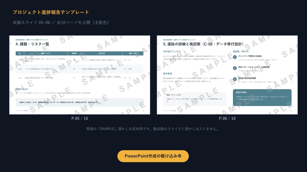 プロジェクト進捗報告テンプレート|炎上させない10枚の型×3配色【ガント・課題管理・信号色】
