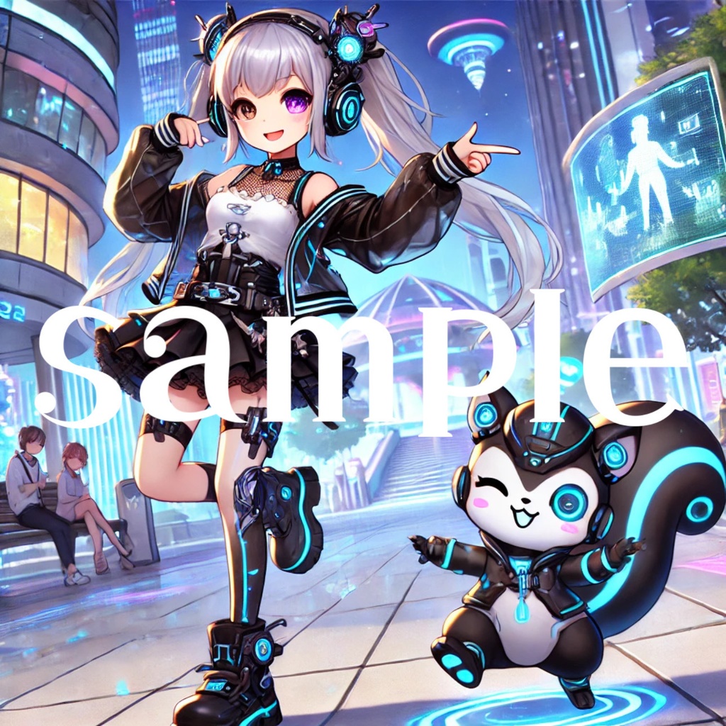 「未来の公園で踊る少女とSFペット」Dancing Girl and Sci-Fi Pet in a Futuristic Park