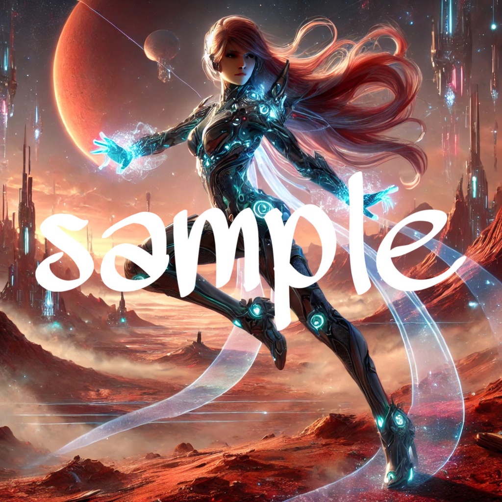 「紅の戦士 - 火星の未来都市を背に」 “Crimson Warrior – Standing Against the Martian Horizon”