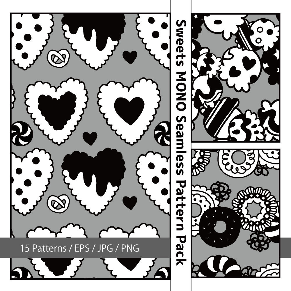 スイーツMONOシームレスパターン素材集(ドーナツ・アイス・ハートクッキー/全15種)