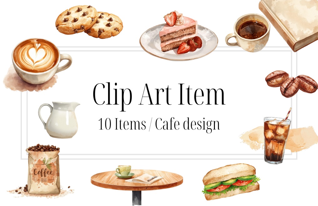 韓国風シンプル カフェセット【全10種類】(クリップアート / カフェ / 水彩画 / 温かい)