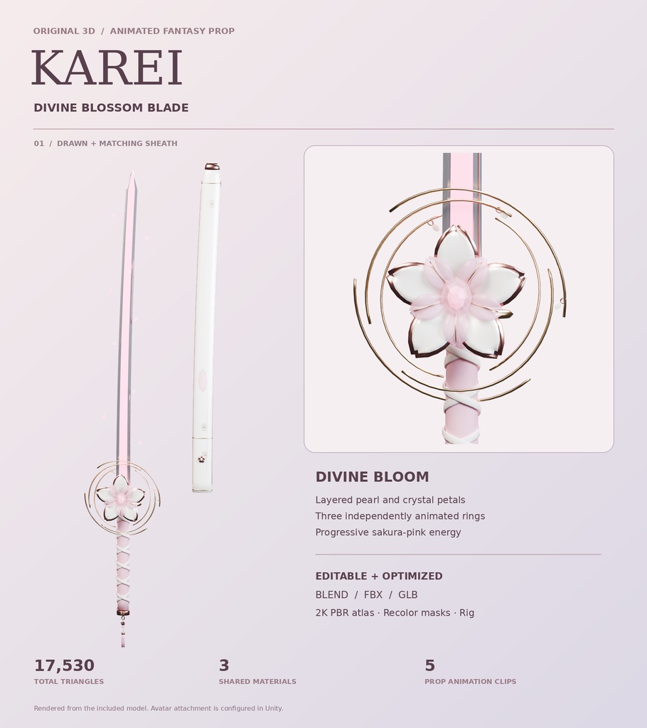 KAREI - Divine Blossom Blade ✦ Animated Fantasy Katana | VRChat / Blender / Unity / FBX