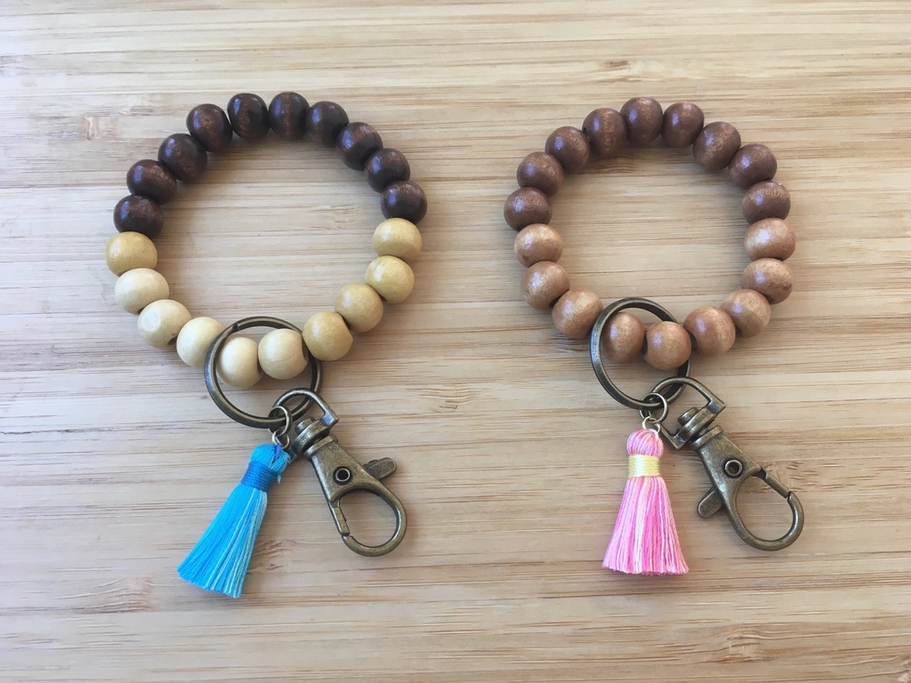 Beaded Keychain バイカラーウッドビーズとタッセルのキーチェーン(ブルー)