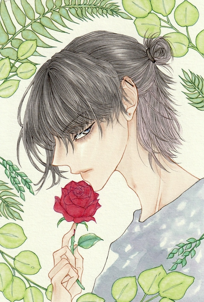 【ハガキサイズ原画】Botanical 9 ～フェチ男子シリーズ～ ハーフアップ