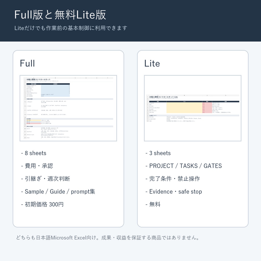 AI個人開発コントロールキット【Full版】|完了条件・予算・承認点を管理するExcel