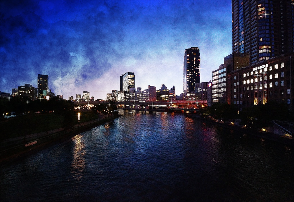 【印刷用】水彩風「都会の夜景」10枚セット