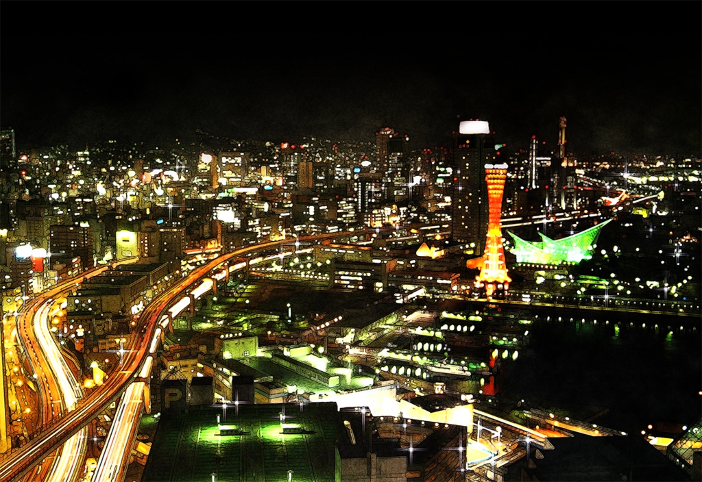 【印刷用】水彩風「都会の夜景」10枚セット