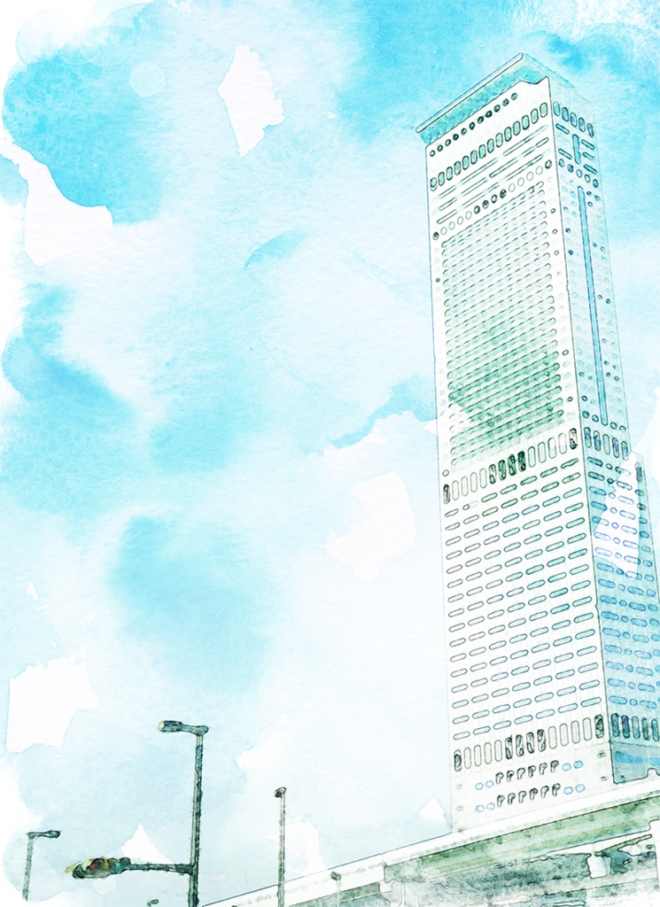 【印刷用】水彩風風景「ビル」
