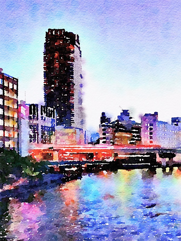 【印刷用】水彩イラスト「ビル夜景」