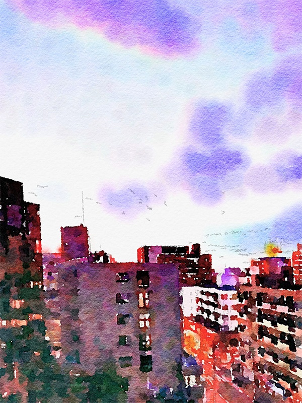 【印刷用】水彩イラスト「ビル夜景」