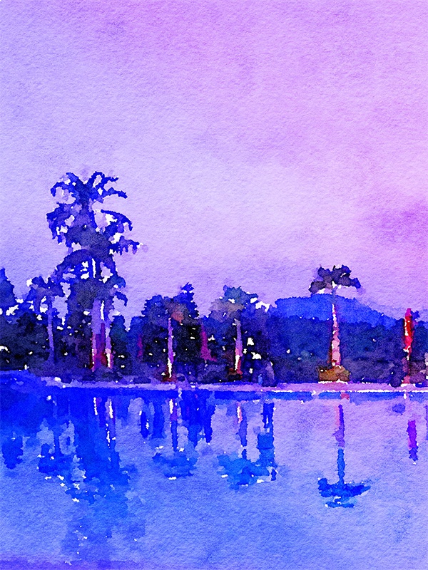 【印刷用】水彩イラスト「夕景リゾート」