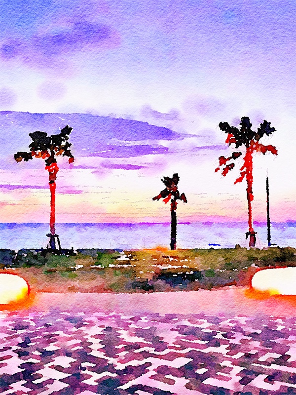 【印刷用】水彩イラスト「夕景リゾート」