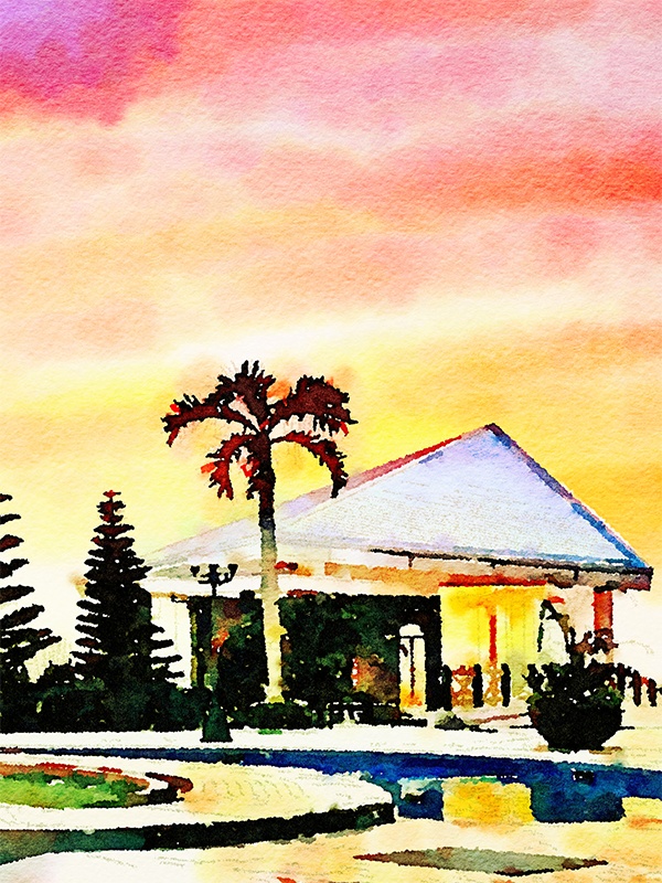 【印刷用】水彩イラスト「夕景リゾート」