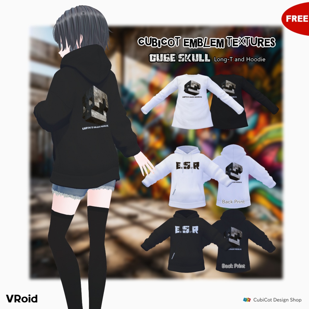 [VRoid] CubiCot emblem textures / Cube Skull Long-T and Hoodie(Tops)