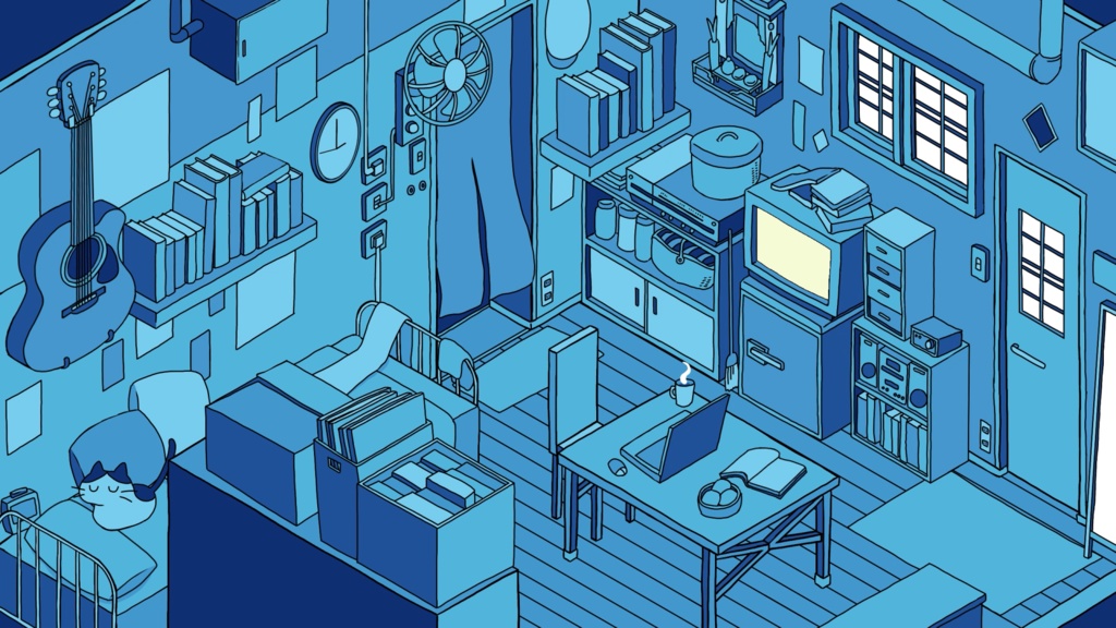 【動く待機画面①】このまま使える！ブルー基調の可愛いルームの手描きループアニメ（商用利用可）