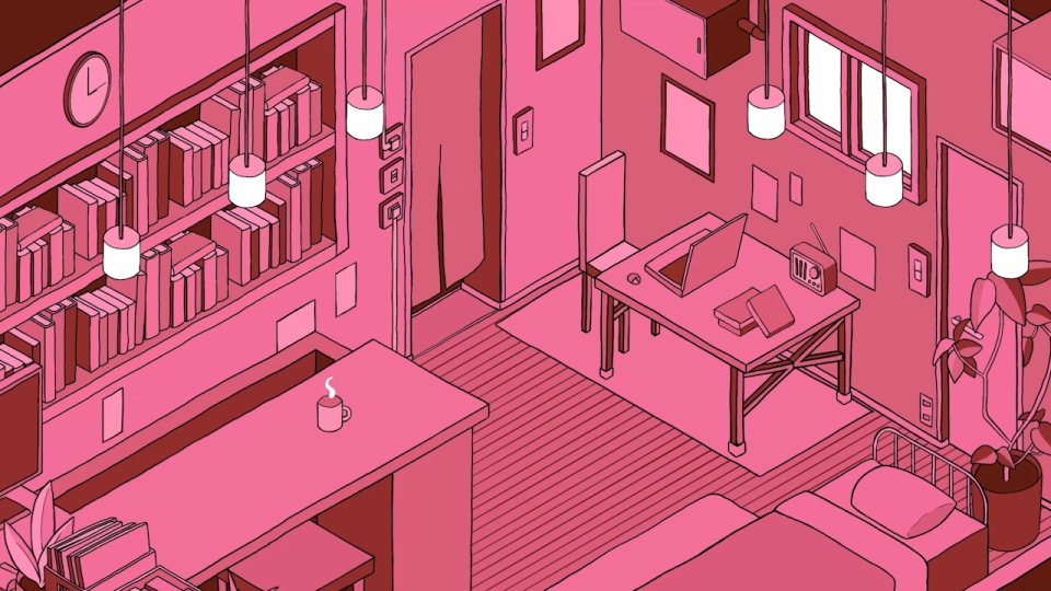 【動く待機画面②】このまま使える！ピンク基調のシンプルなルームの手描きループアニメ（商用利用可）