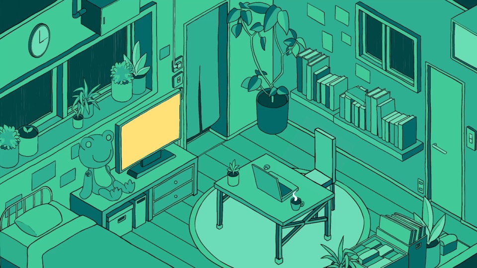 【動く待機画面③】このまま使える！植物に囲まれた雨の日ルームの手描きループアニメ（商用利用可）