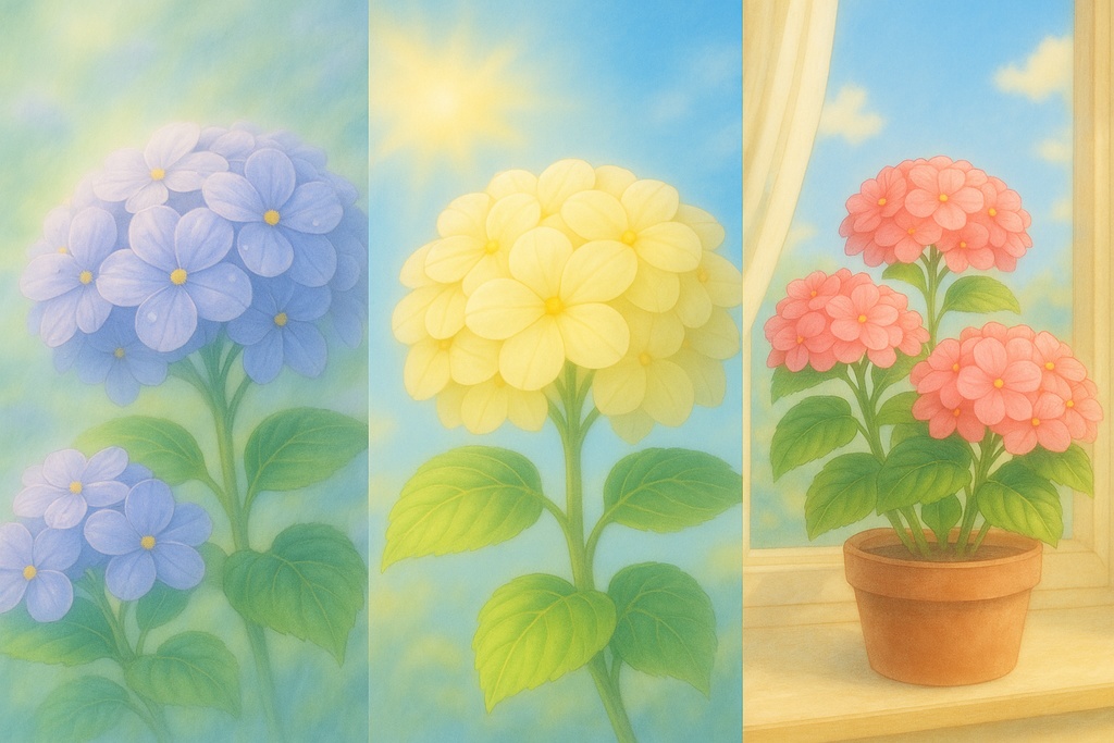やさしい光と紫陽花のひととき|癒しのイラスト3枚セット