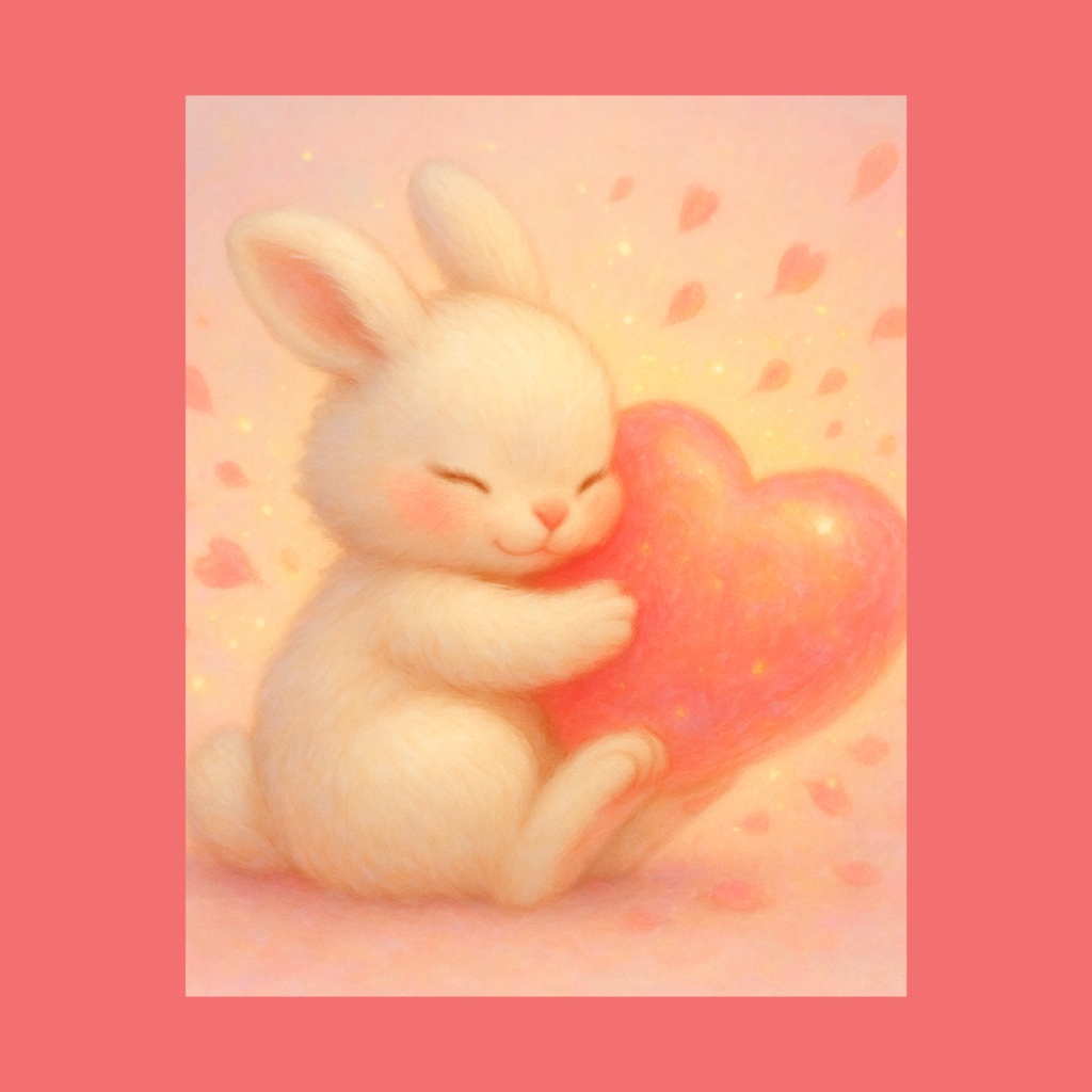 【癒しイラスト】ふんわり白うさぎとピンクのハート（壁紙・SNSアイコン用）