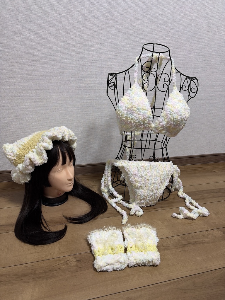 毛糸ビキニ パステル 猫耳帽子付き