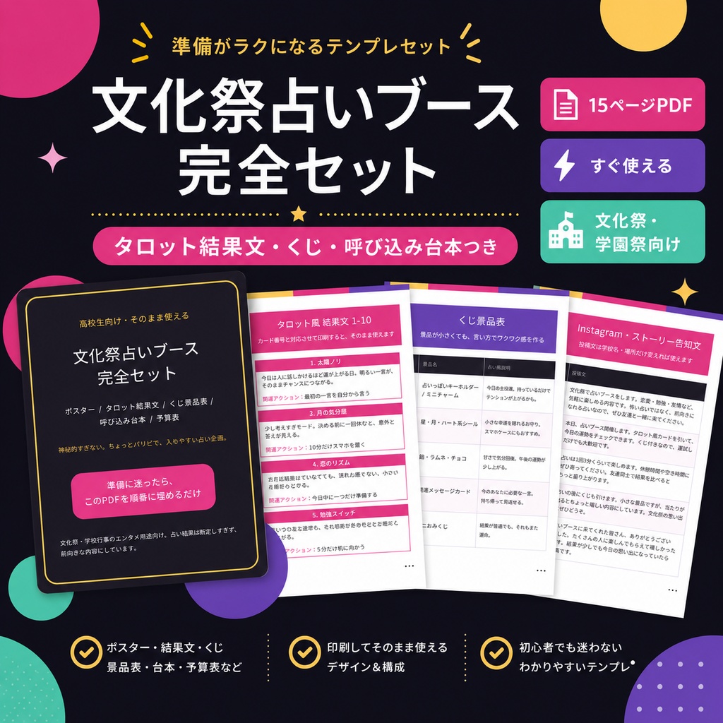 文化祭占いブース完全セット｜タロット結果文・くじ・呼び込み台本つきす