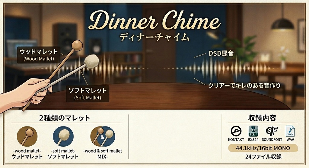 ディナーチャイム Dinner Chime  鉄琴 グロッケン サンプルパック　DTM用音源　KONTAKT/SOUNDFONT/WAV/EXS24　DSD録音