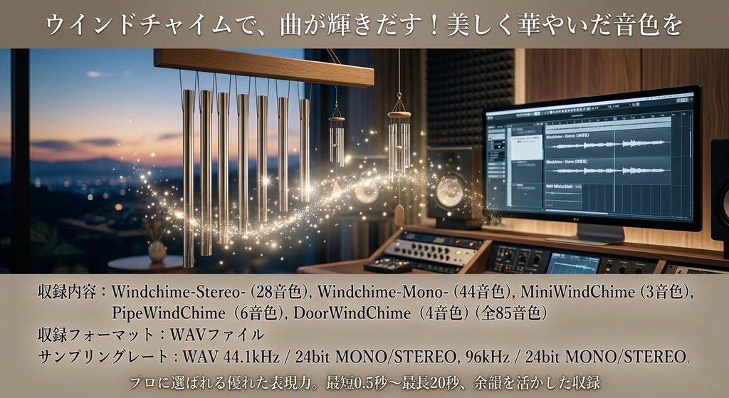ウインドチャイム音源・WINDCHIME ・ドアウインドチャイム・ミニウインドチャイム・パイプウインドチャイム サンプルパック DTM用/効果音用 ダウンロード DSD録音 WAV YOUTUBE動画にも!