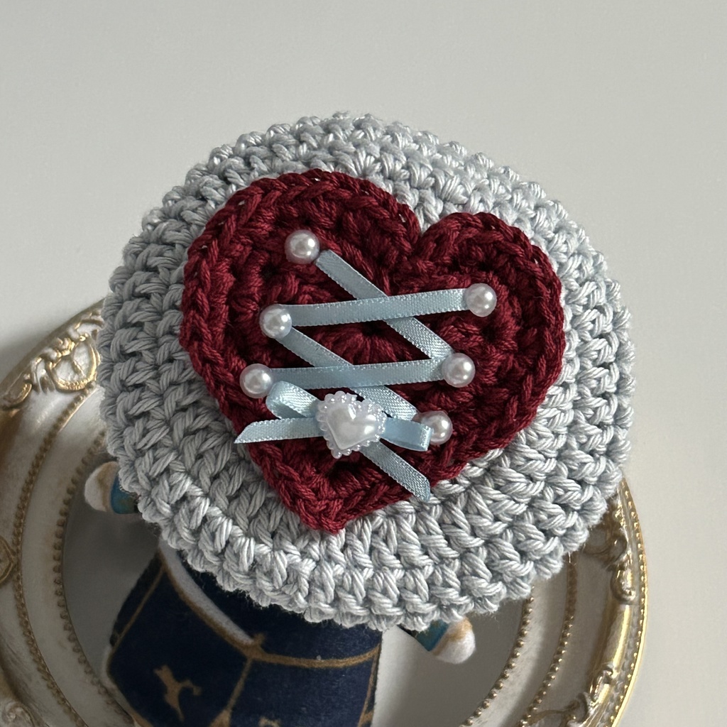 【10cmぬい用】ハート×リボンの手編みベレー帽♡にじぱぺっと対応/ぬい活・推し活におすすめ