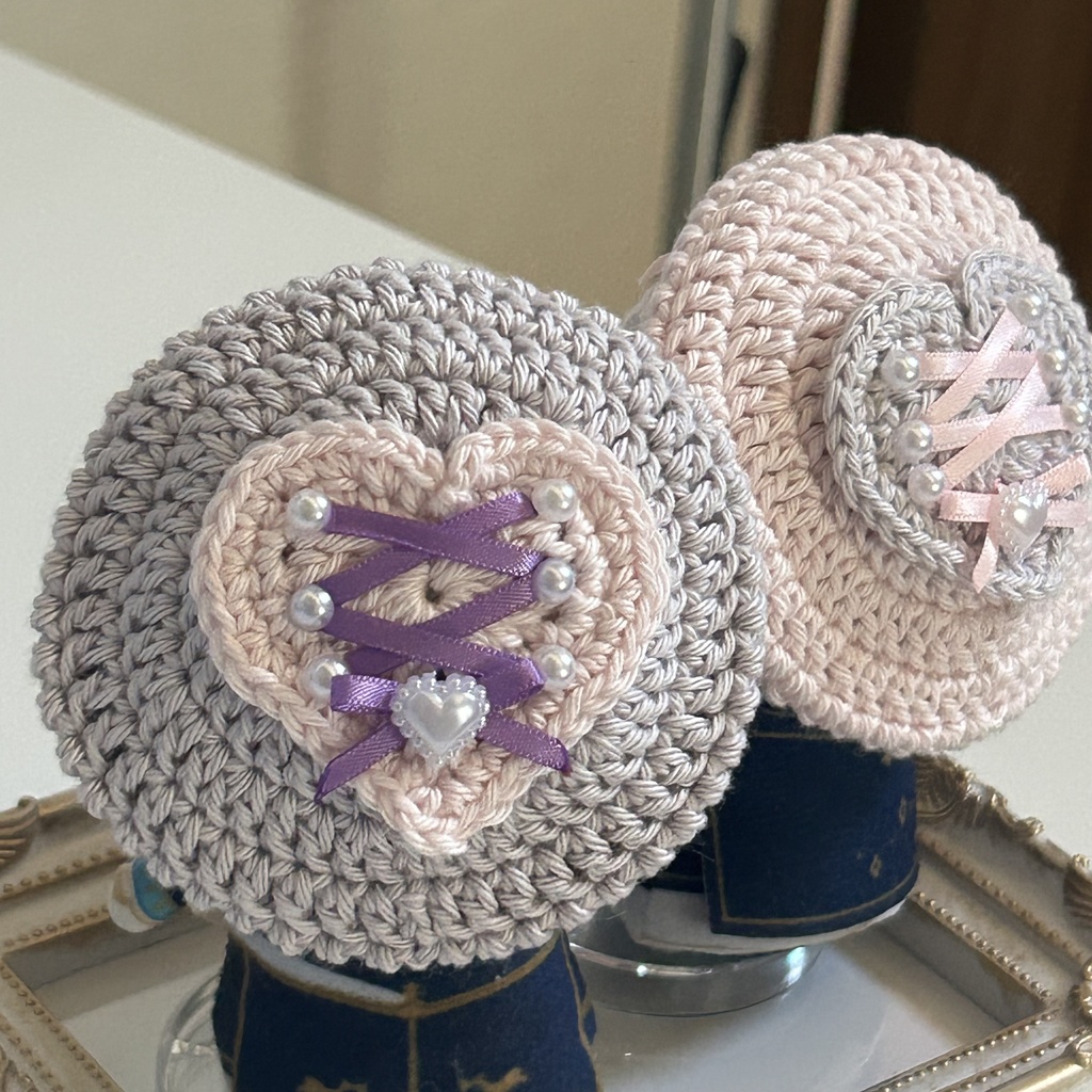 【10cmぬい用】編み上げハートのベレー帽 お揃いセット