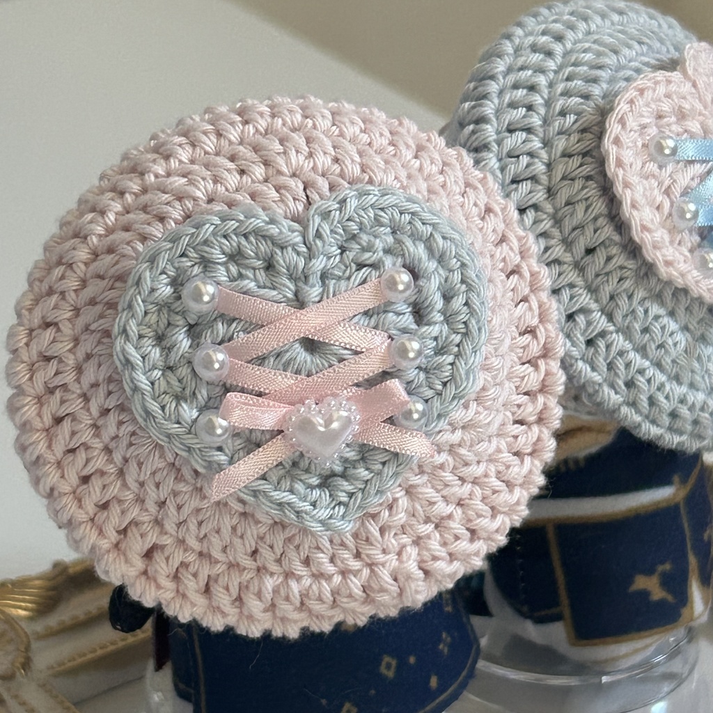 【10cmぬい】編み上げハートのベレー帽 ピンク×空色 お揃いセット