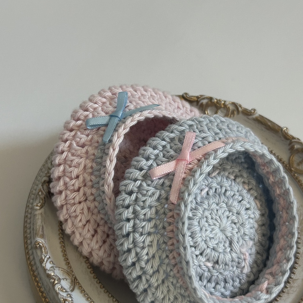 【10cmぬい】編み上げハートのベレー帽 ピンク×空色 お揃いセット