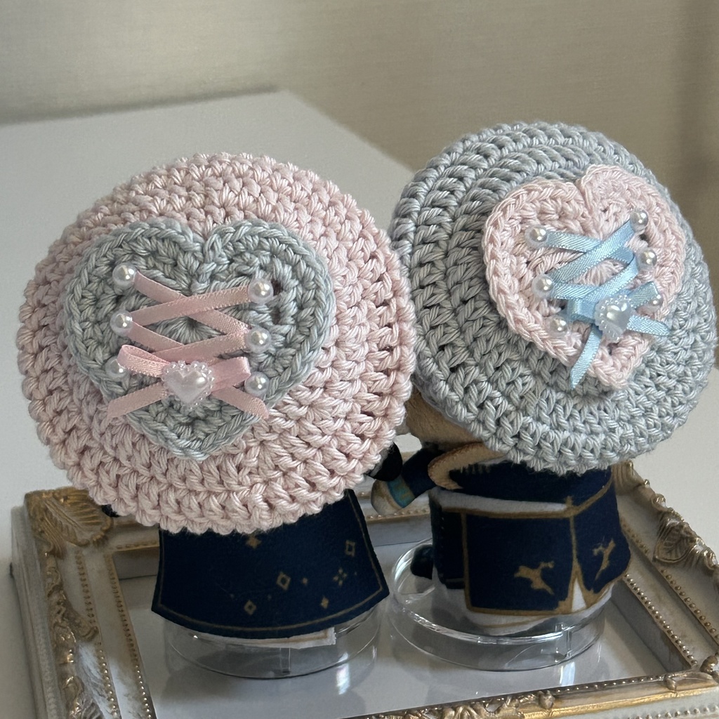 【10cmぬい】編み上げハートのベレー帽　ピンク×空色　お揃いセット