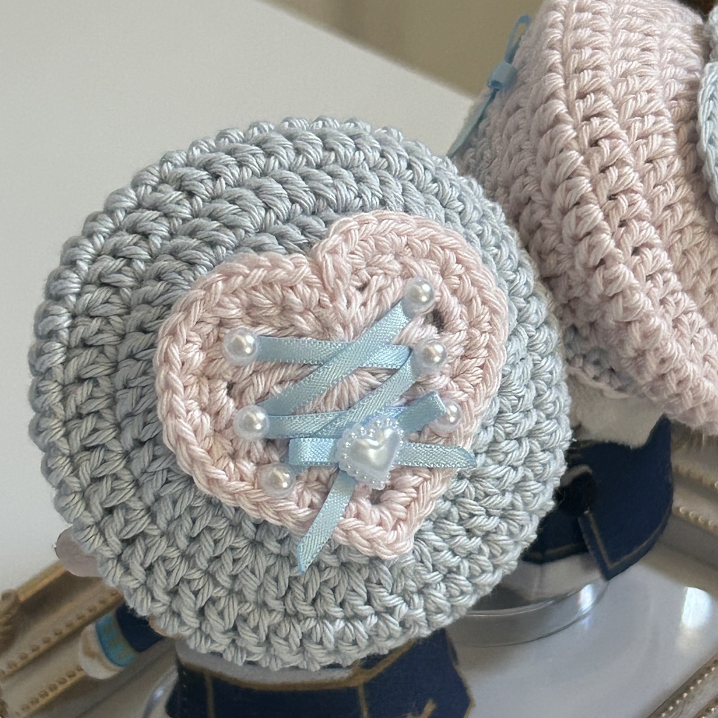 【10cmぬい】編み上げハートのベレー帽 ピンク×空色 お揃いセット