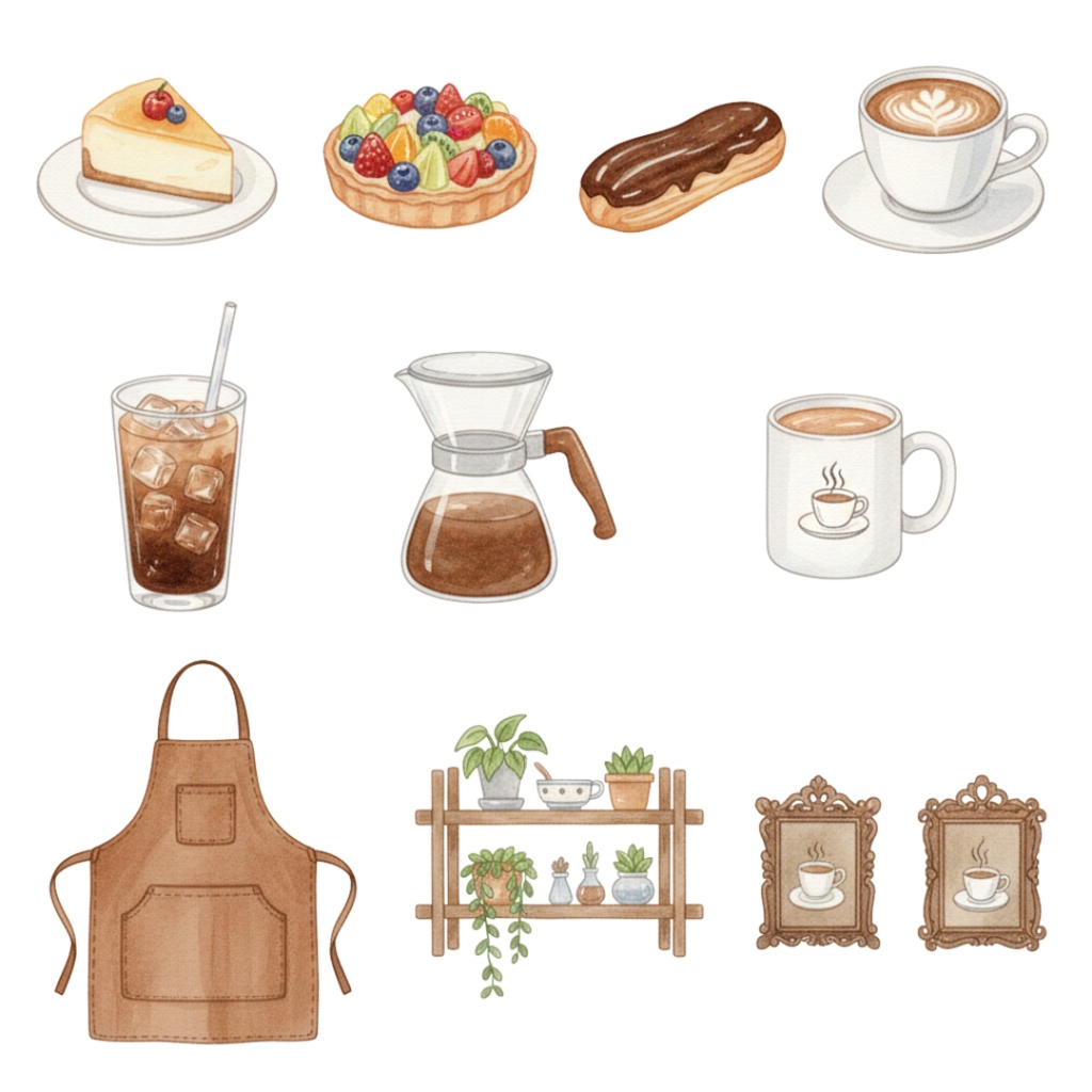 カフェ水彩クリップアートコレクション|100点+セット