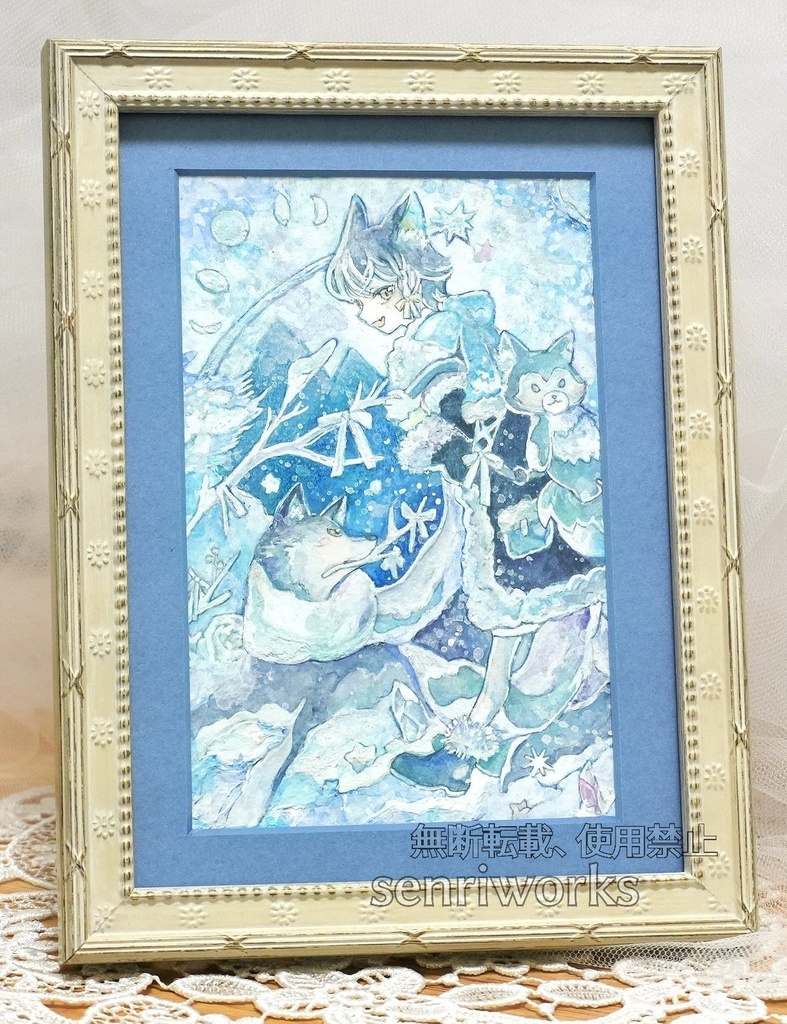 【新作】額装原画「白月と流星」