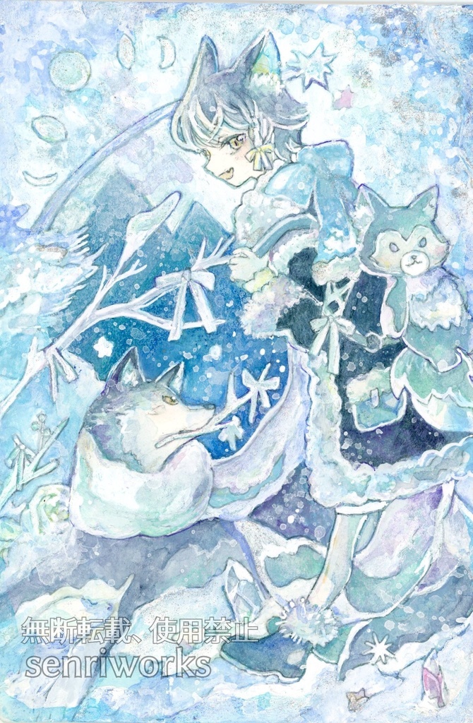 【新作】額装原画「白月と流星」