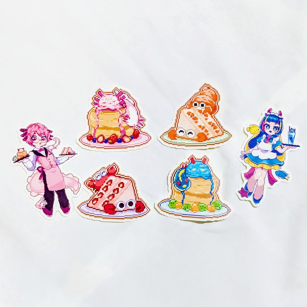 みずのいきものスイーツと店員さんステッカー【カニ/ヤドカリ/ウーパールーパー/アオウミウシ】水中喫茶SUBMERGE