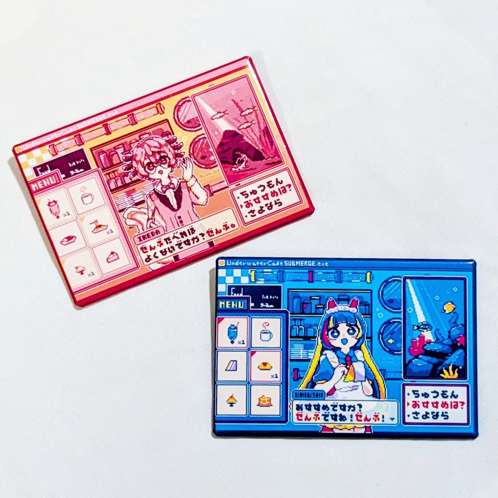 店員さんの四角缶バッジ【アオウミウシの店員さん/ウーパールーパーの店員さん】水中喫茶SUBMERGE