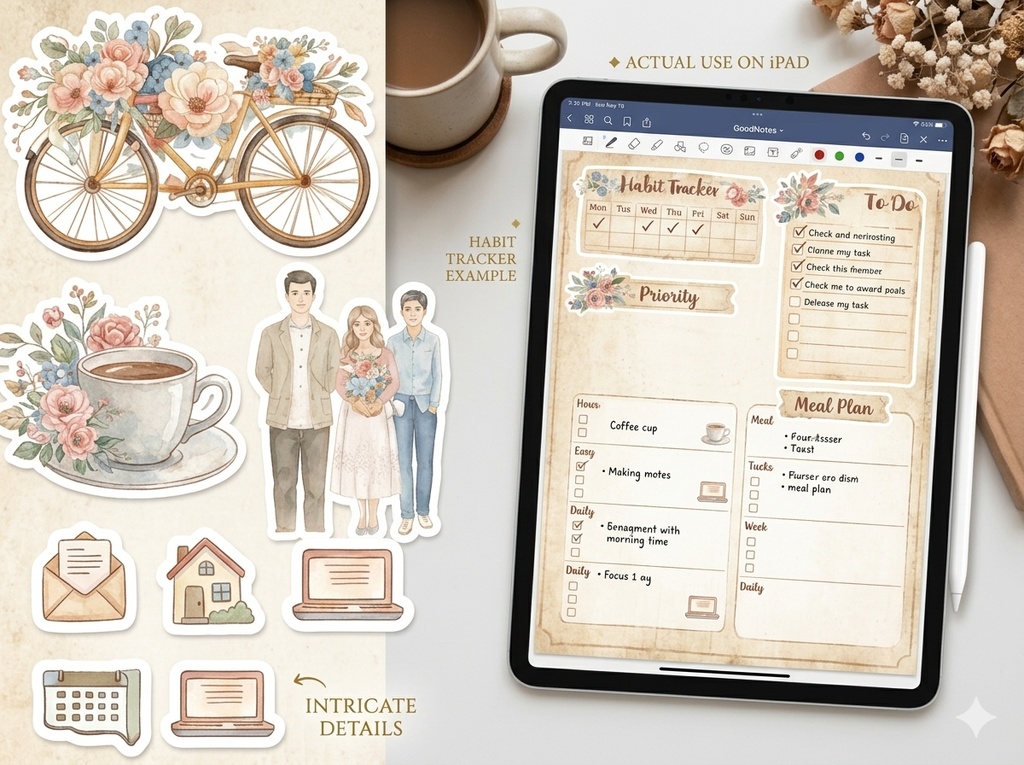 心が整う大人可愛いヴィンテージフラワー|デジタルプランナーステッカー