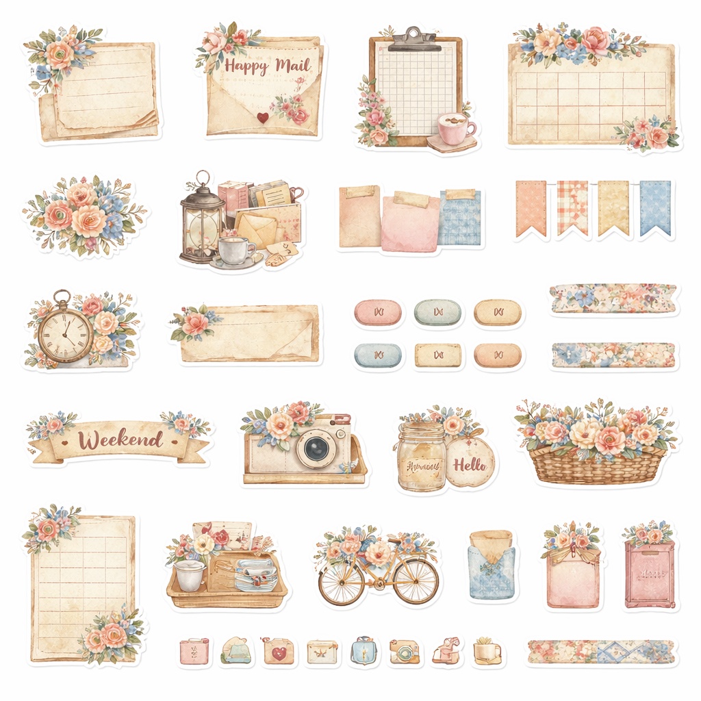 心が整う大人可愛いヴィンテージフラワー|デジタルプランナーステッカー