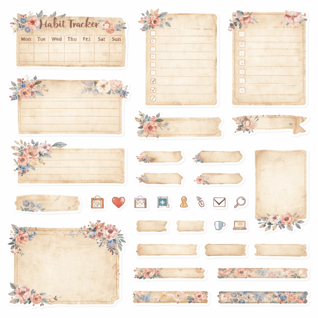 心が整う大人可愛いヴィンテージフラワー|デジタルプランナーステッカー