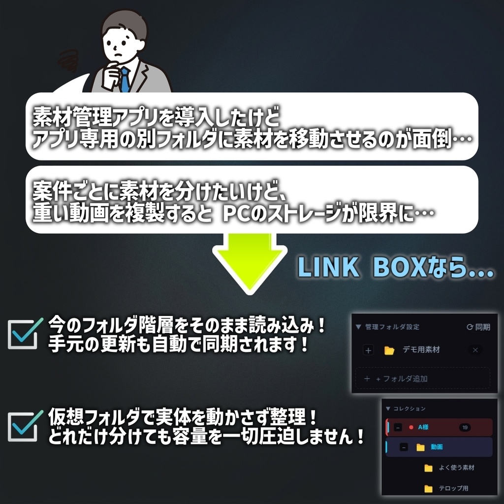 ★記念Sale★【動画編集時短】データ移動ゼロ!今のフォルダのまま素材整理が劇的にラクになる管理ハブ「LINK BOX」