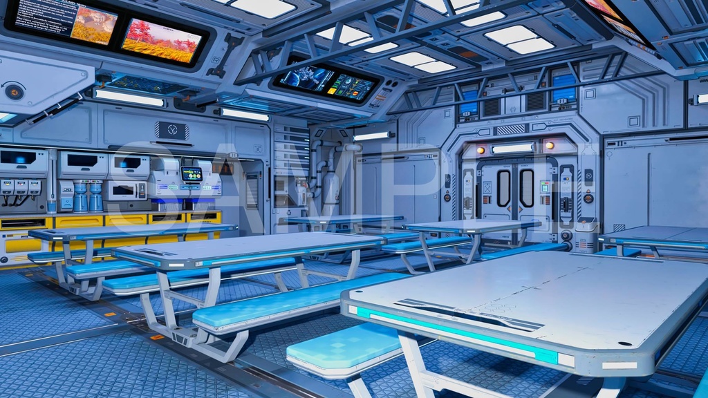 大型ダイニングルーム(食堂)2パターン(4枚+照明5枚)- 近未来アニメ風イラスト