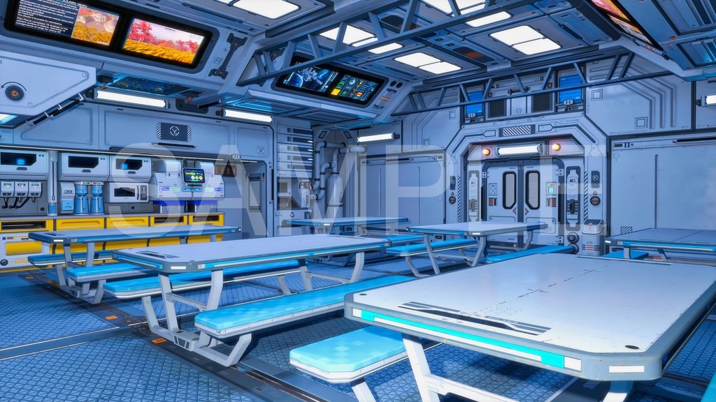 大型ダイニングルーム(食堂)2パターン(4枚+照明5枚)- 近未来アニメ風イラスト